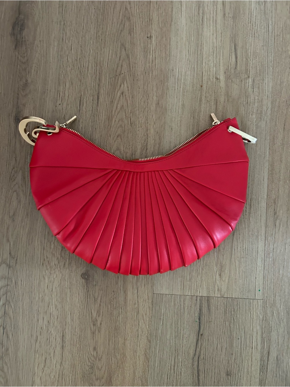 Red Pleated Crescent Shoulder Bag